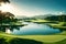 A serene, lakeside golf course with impeccably manicured greens,
