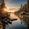 A serene lakeside retreat with a dock, kayaks, and a view of the sunset Peaceful and idyllic setting3