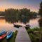A serene lakeside retreat with a dock, kayaks, and a view of the sunset Peaceful and idyllic setting4