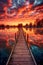 Serene lakeside scene at sunset, bathed in vibrant orange and pink hues