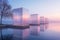 Serene Lakeside with Transparent Cubes at Dawn