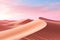 The serene landscape features rolling peach-colored dunes under a soft pastel sky. Generative AI.