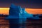 Serene landscape with massive iceberg floating in calm sea, ocean on sunset sky background. AI generated