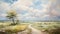 Serene Landscape Painting: Winding Path In The Sky