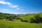 serene landscape with rolling hills, lush greenery and clear blue sky