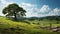 Serene landscape with a solitary green oak tree in a sunlit field, providing ample copy space