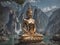 Serene large Buddha statue stands in perfect harmony with the surrounding mountains and cascading waterfalls.