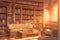 Serene Library With Warm Sunset Light, Cozy Atmosphere, And Shelves Filled With Books