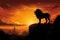 Serene Lion standing rock sunset. Generate Ai