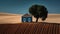 Serene lonely landscape with a farmhouse. Surreal artistic home with a tree.