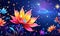 Serene lotus flowers on blue background adorned with stars. Starry background adds sense of mystery, magic to overall