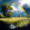 A Serene Meadow with a Rainbow over it, Generative AI