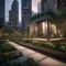 A serene meditation garden in the midst of a bustling cyber city, creating a peaceful contrast1