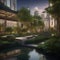 A serene meditation garden in the midst of a bustling cyber city, creating a peaceful contrast2