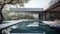 A serene minimalist exterior featuring a large water pool. AI generated