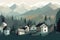 Serene and minimalist illustration of a rustic mountain cabin nestled in a tranquil valley, with muted tones. Generative AI