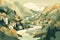 Serene and minimalist illustration of a rustic mountain cabin nestled in a tranquil valley, with muted tones. Generative AI