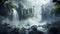 A serene misty landscape with flowing river and waterfall. generated by AI tool