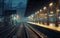 Serene, misty morning at a quiet train station, illuminated by soft lights reflecting on the wet platform.