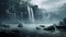 Serene Misty River Landscape with Flowing Waterfall and Rocky Stream generated by AI tool