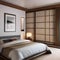 A serene and modern Japanese bedroom with sliding shoji screens and tatami mats3