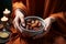 A serene moment as a Muslim woman holds a bowl of dates to break her fast