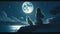 A serene moment captured in an illustration of a young woman and her dog enjoying a beautiful moonlit night