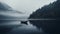 Serene And Moody Landscape: Boat Floating On Lake Amidst Mountains