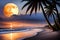 A serene moonlit beach with waves gently washing ashore, framed by palm trees