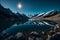 A serene, moonlit reflection of towering mountains in a crystal-clear alpine lake