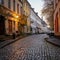 Serene Morning on a Colorful Cobblestone Street