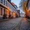 Serene Morning on a Colorful Cobblestone Street