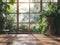 Serene morning view through window with indoor plants