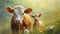 Serene Mother Cow and Calves: Heartwarming Rural Scene in Vibrant Meadow with Wildflowers.