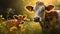 Serene Mother Cow and Calves: Heartwarming Rural Scene in Vibrant Meadow with Wildflowers.