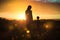 Serene Mother and Toddler Embrace in Sunset Silhouette, Evoking Warmth and Family Bonding in Tranquil Evening Setting