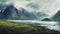 Serene Mountain Landscape In Lofoten: Rain Scene Digital Background Paper