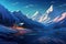 Serene mountain landscape, lone cabin in snow-cowered setting beneath starry sky. Mountain peaks illuminated by the