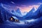 Serene mountain landscape, lone cabin in snow-cowered setting beneath starry sky. Mountain peaks illuminated by the