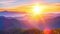 A serene mountain landscape is shown in closeup the rising sun casting a warm glow over the rolling hills and valleys