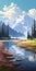 Serene Mountain River Painting With Wildflowers - 2d Game Art Style