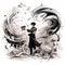 Serene Music Conductor Holding Giant Quill as Baton in Black and White Illustration