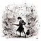 Serene Music Conductor Holding Giant Quill as Baton in Black and White Illustration