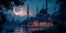 serene and mystical scene featuring the Crescent moon and a beautifully lit mosque, capturing the essence of a peaceful