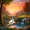Serene natural landscape with sunset, waterfall, mossy mountains, forest trees, and wildlife