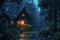 Serene Night Scene In The Forest A Cabin, Rain, Lantern, And Tranquility