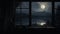 a serene night scene through a window, featuring a moonlit river, silvery reflections
