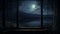 a serene night scene through a window, featuring a moonlit river, silvery reflections