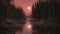 Serene night view with red or pink moon illuminating the tranquil lake landscape
