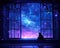 serene nighttime scene with a cat sitting on a windowsill, gazing at the moon